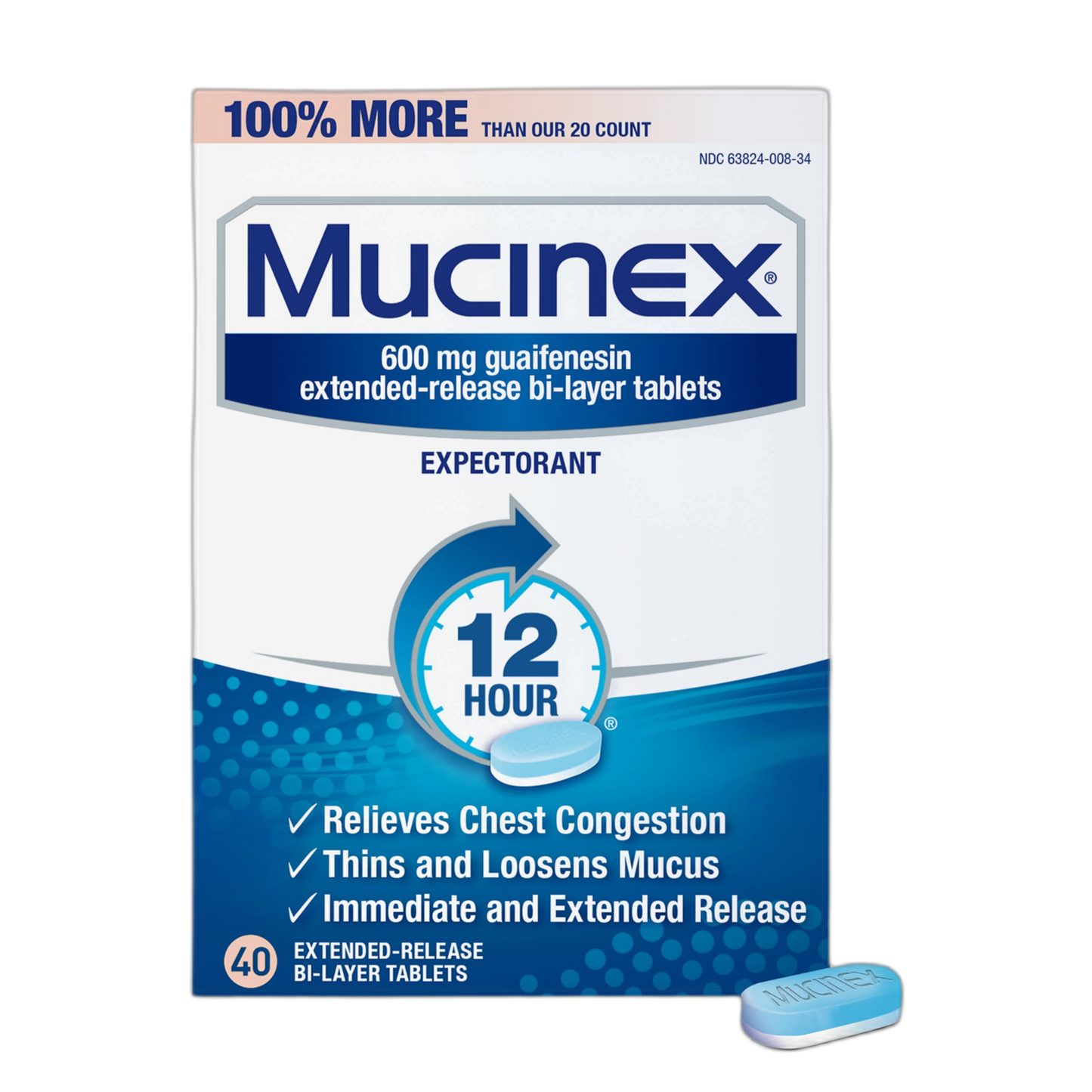 Mucinex 12 Hour Extended Release Tablets, 600 mg Guaifenesin Relieves Chest Congestion Caused by Excess Mucus, #1 Doctor Recommended OTC Expectorant, Blue, 40 Count