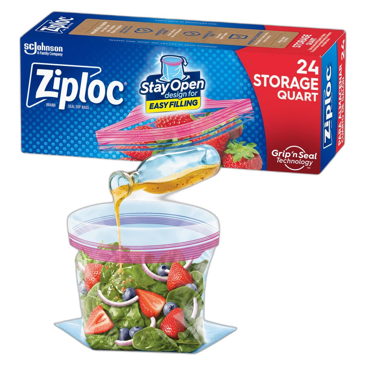 Ziploc Quart Food Storage Bags, Stay Open Design with Stand-Up Bottom, Easy to Fill, 24 Count