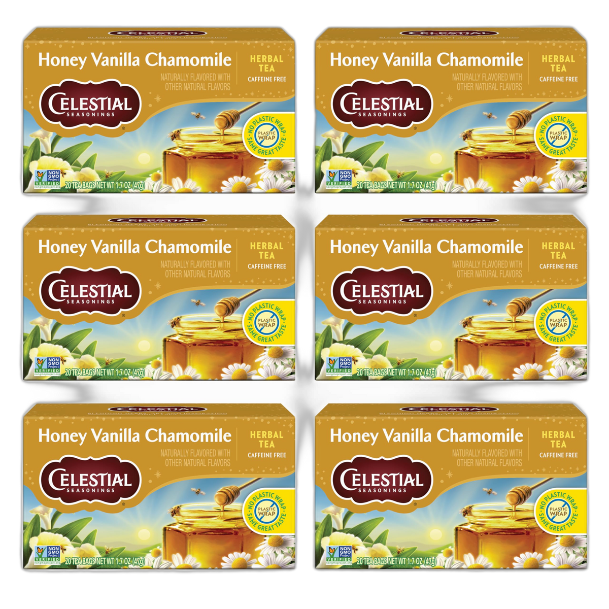Celestial Seasonings Chamomile Tea Bags - Honey Vanilla Herbal Tea, Caffeine Free, 20 Bags Per Box (Pack of 6)
