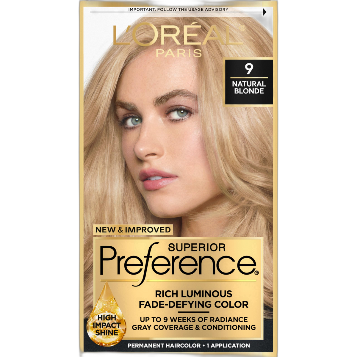 L'Oreal Paris Superior Preference Fade-Defying + Shine Permanent Hair Color, 9 Natural Blonde, Pack of 1, Hair Dye