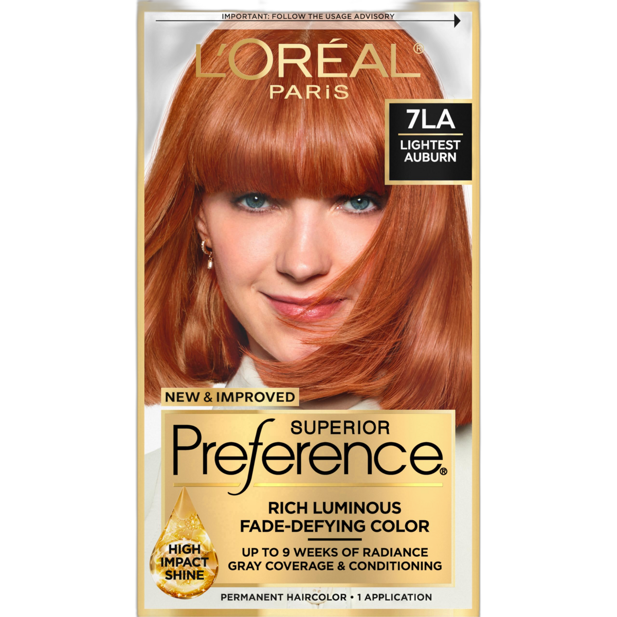 L'Oreal Paris Superior Preference Fade-Defying + Shine Permanent Hair Color, 7LA Lightest Auburn, Pack of 1, Hair Dye