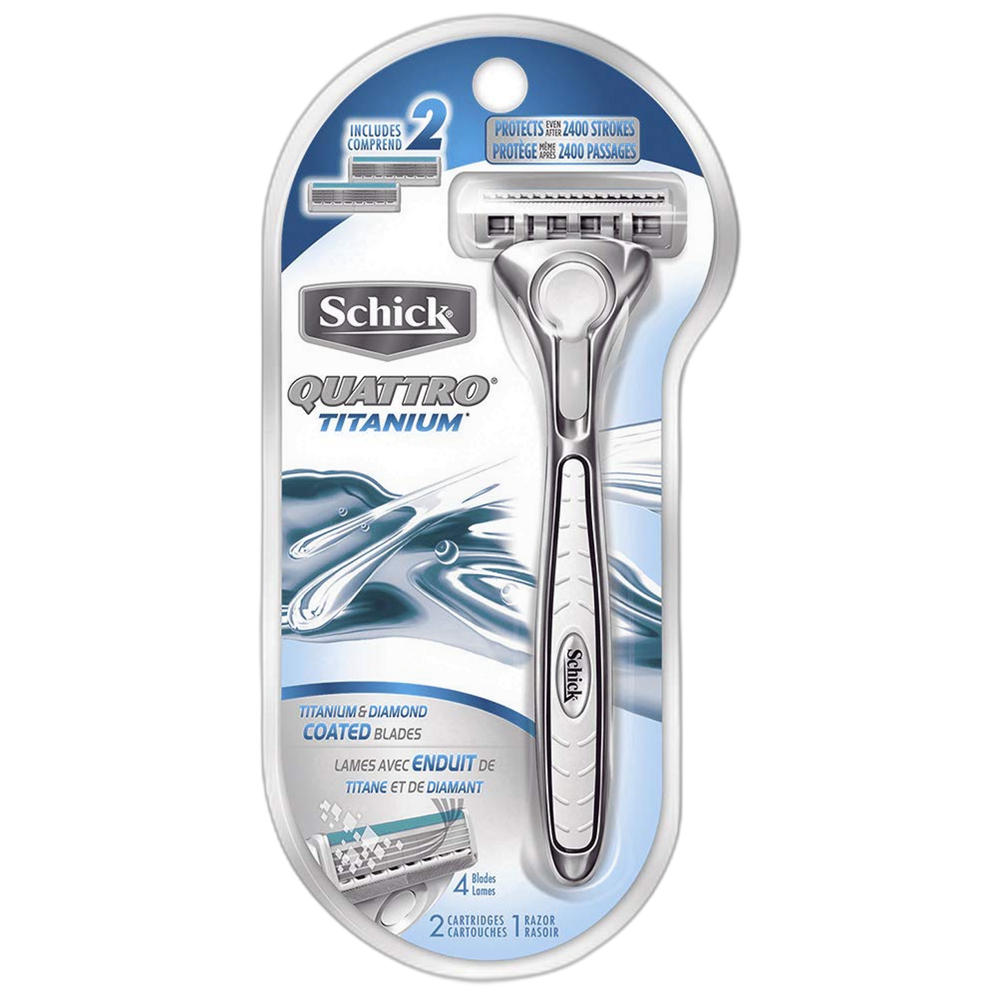 Schick Quattro Razor & Cartridges, Titanium Coated Blades, 1 Razor, 2 Cartridges , Packaging May Vary