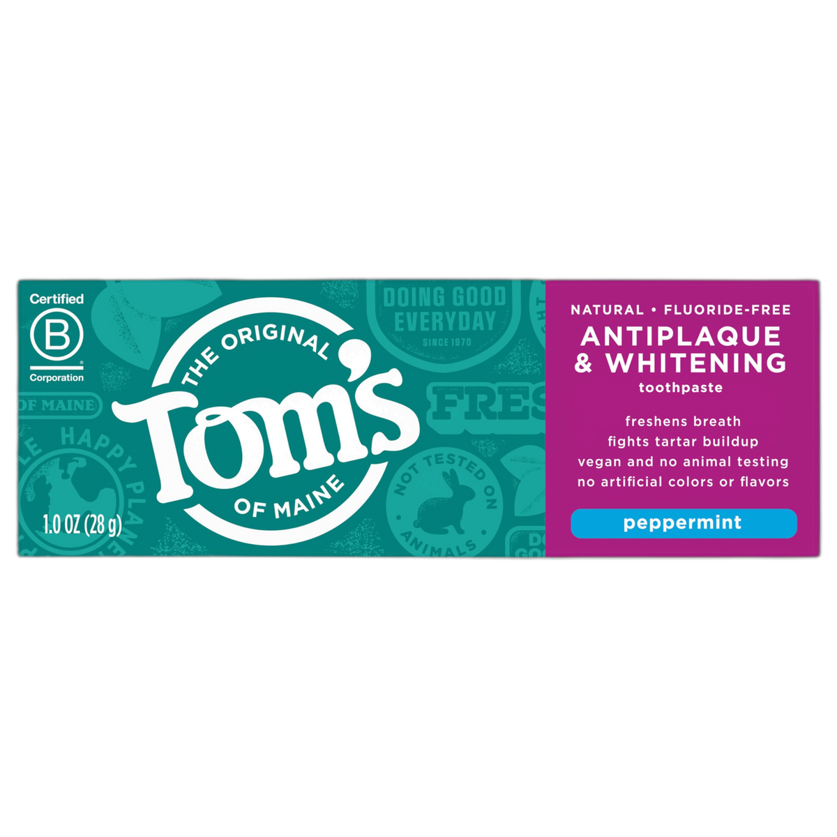 Tom's of Maine Fluoride-Free Antiplaque & Whitening Toothpaste, Travel Size, Peppermint, 1 oz. 12-Pack