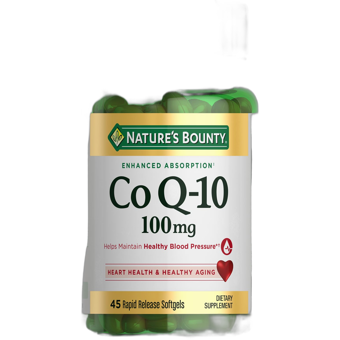 Nature's Bounty CoQ10 100mg for Heart Health Support, Non-GMO Q-Sorb Coenzyme Q-10 Antioxidant Support and Cardiovascular Wellness, Dietary Supplement, Rapid Release Softgels, 45 ct
