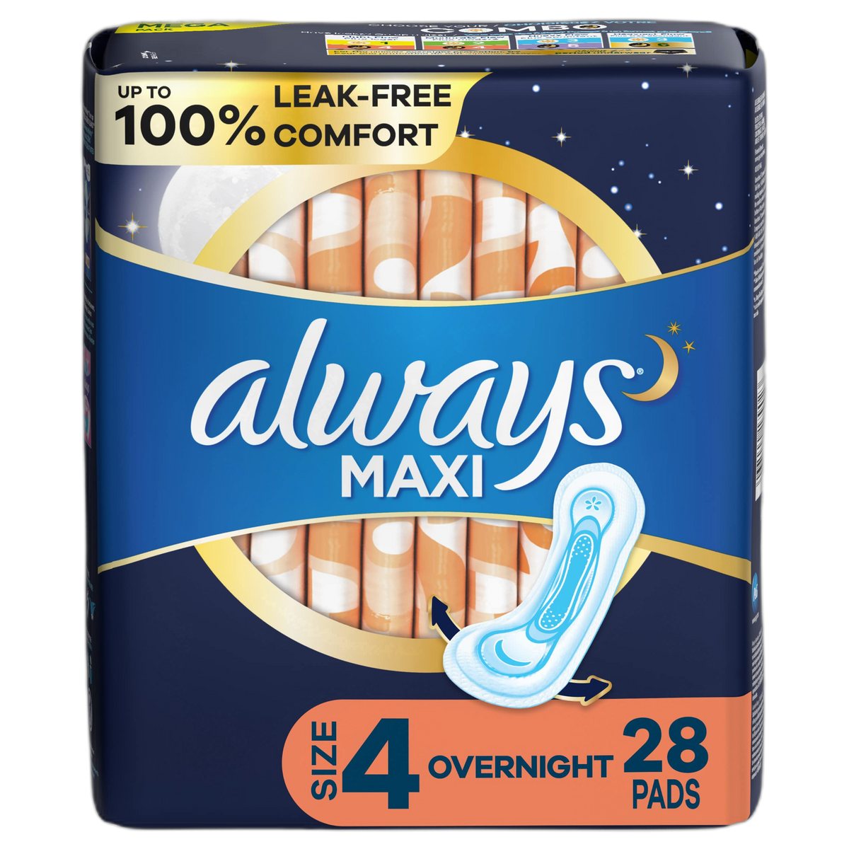Always Maxi Feminine Pads for Women, Size 4 Overnight Absorbency, Without Wings, Unscented, 28 Count