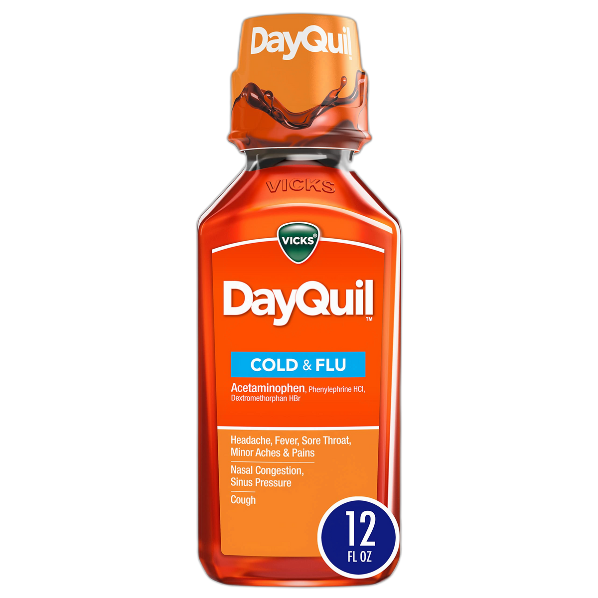 Vicks DayQuil Cold and Flu Relief Liquid Medicine, Non-Drowsy Powerful Multi-Symptom Daytime Relief for Headache, Fever, Sore Throat, Minor Aches and Pains, Nasal Congestion, Sinus Pressure, and Cough, 12 FL OZ