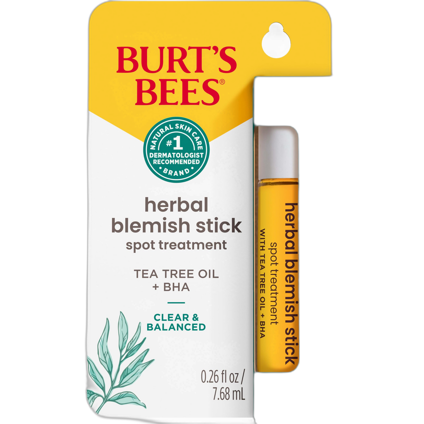 Burt's Bees Herbal Blemish Stick, 0.26 Fl Oz (Pack of 2), Tea Tree Oil Infused, Soothing, Exfoliating, Cleansing, Unisex