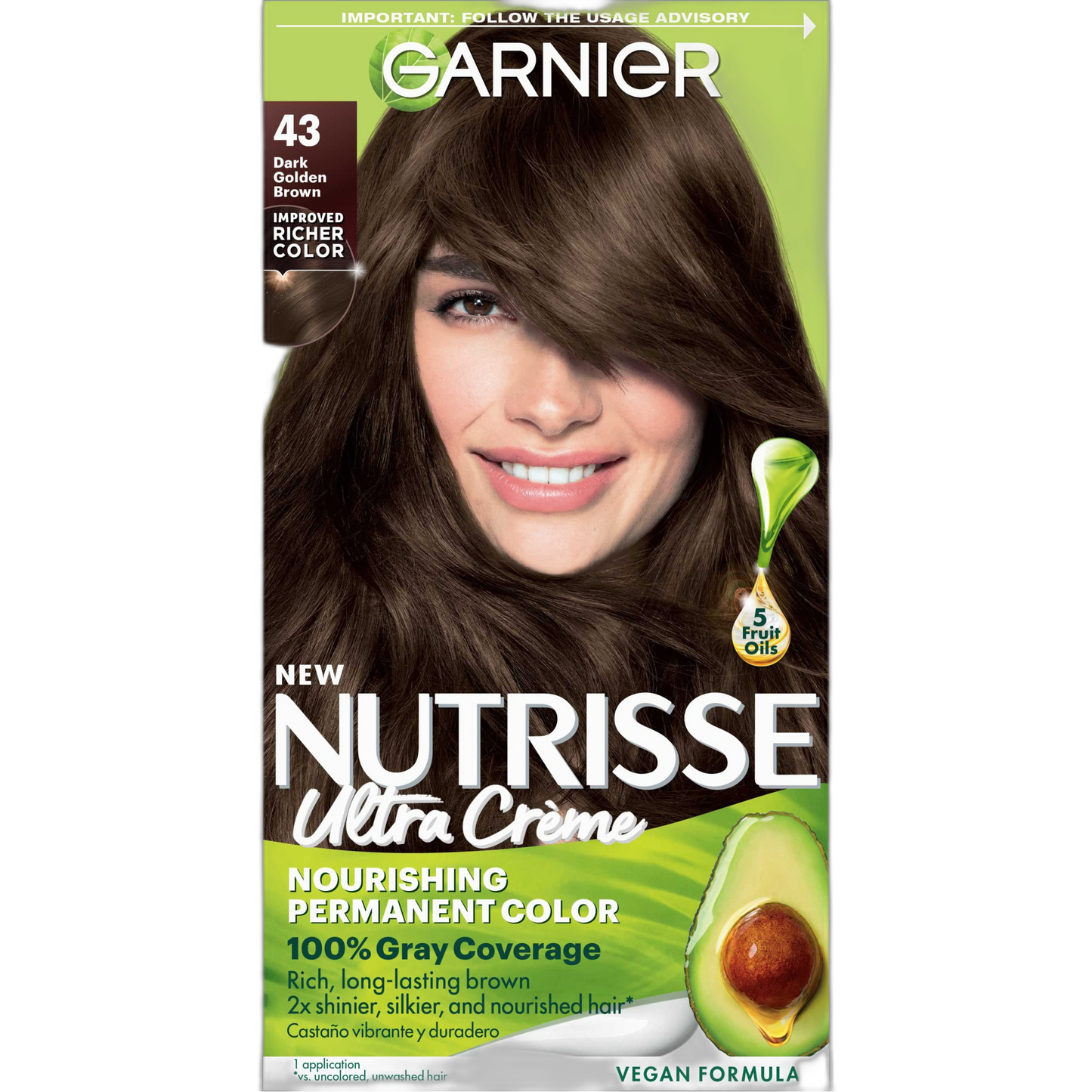 Garnier Hair Color Nutrisse Nourishing Creme, 43 Dark Golden Brown (Cocoa Bean) Permanent Hair Dye, 1 Count (Packaging May Vary)