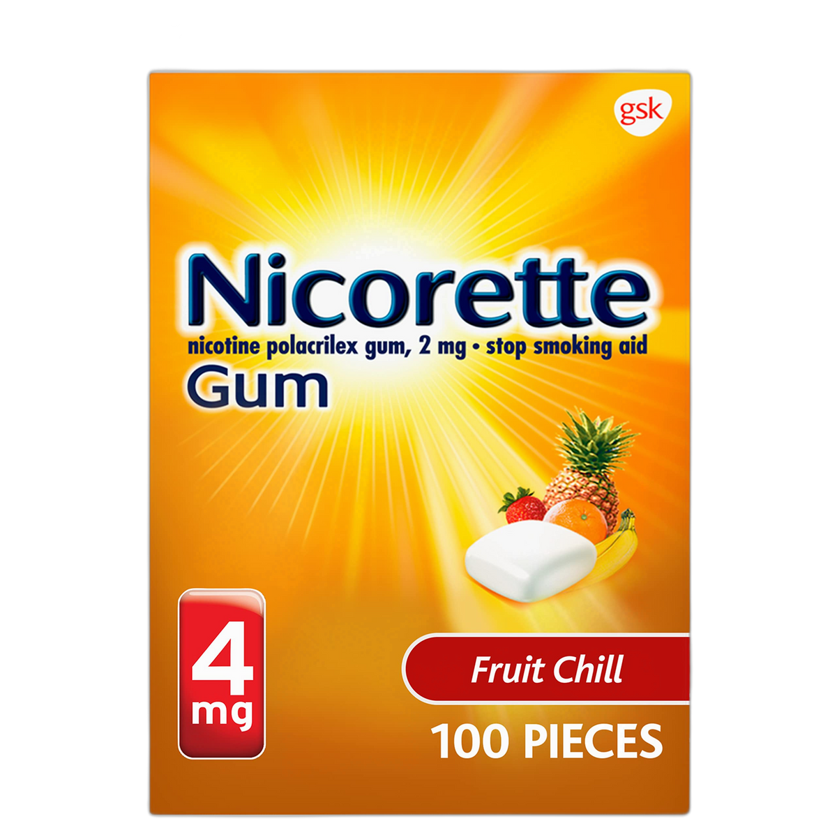 Nicorette Nicotine Gum Fruit Chill 4 Milligram Stop Smoking Aid 100 Count