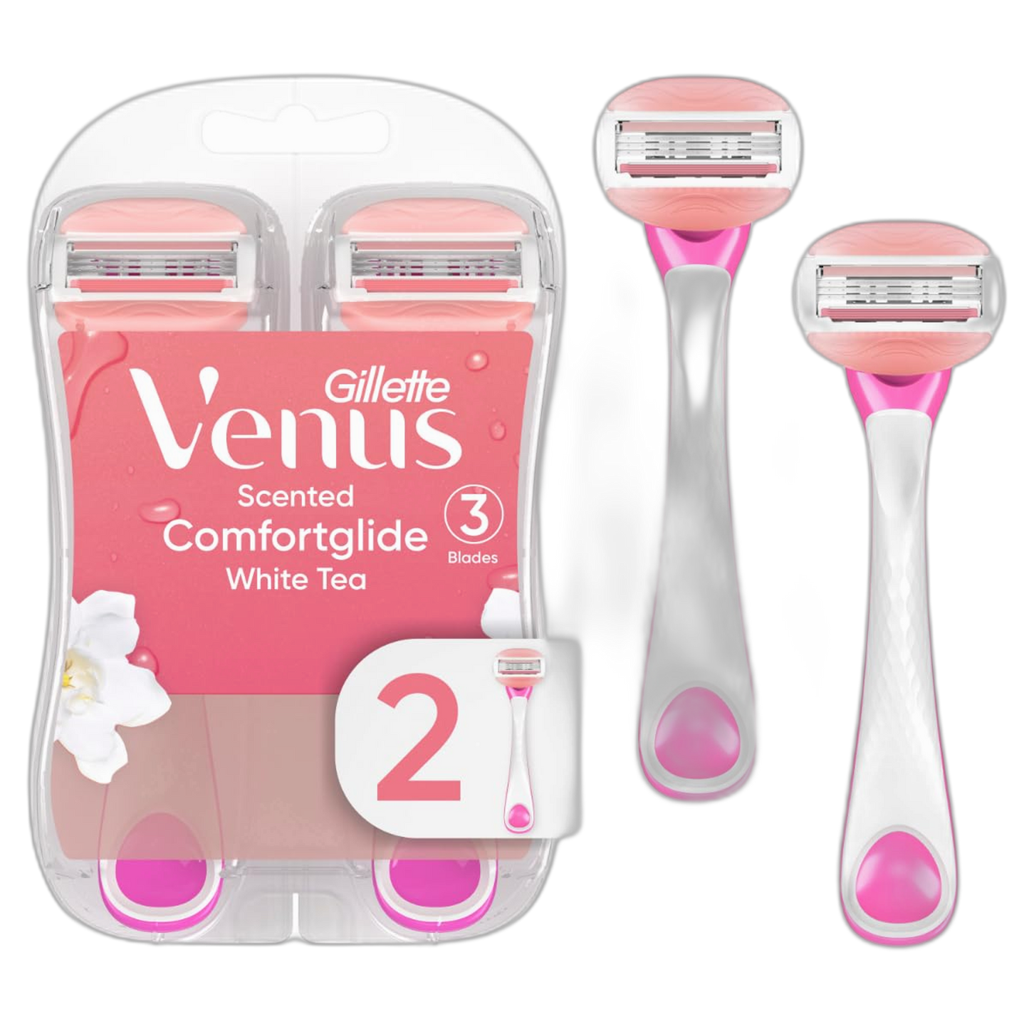Gillette Venus ComfortGlide Disposable Razors for Women, 2 Count, White Tea Scented Moisture Bars for a Smooth Shave