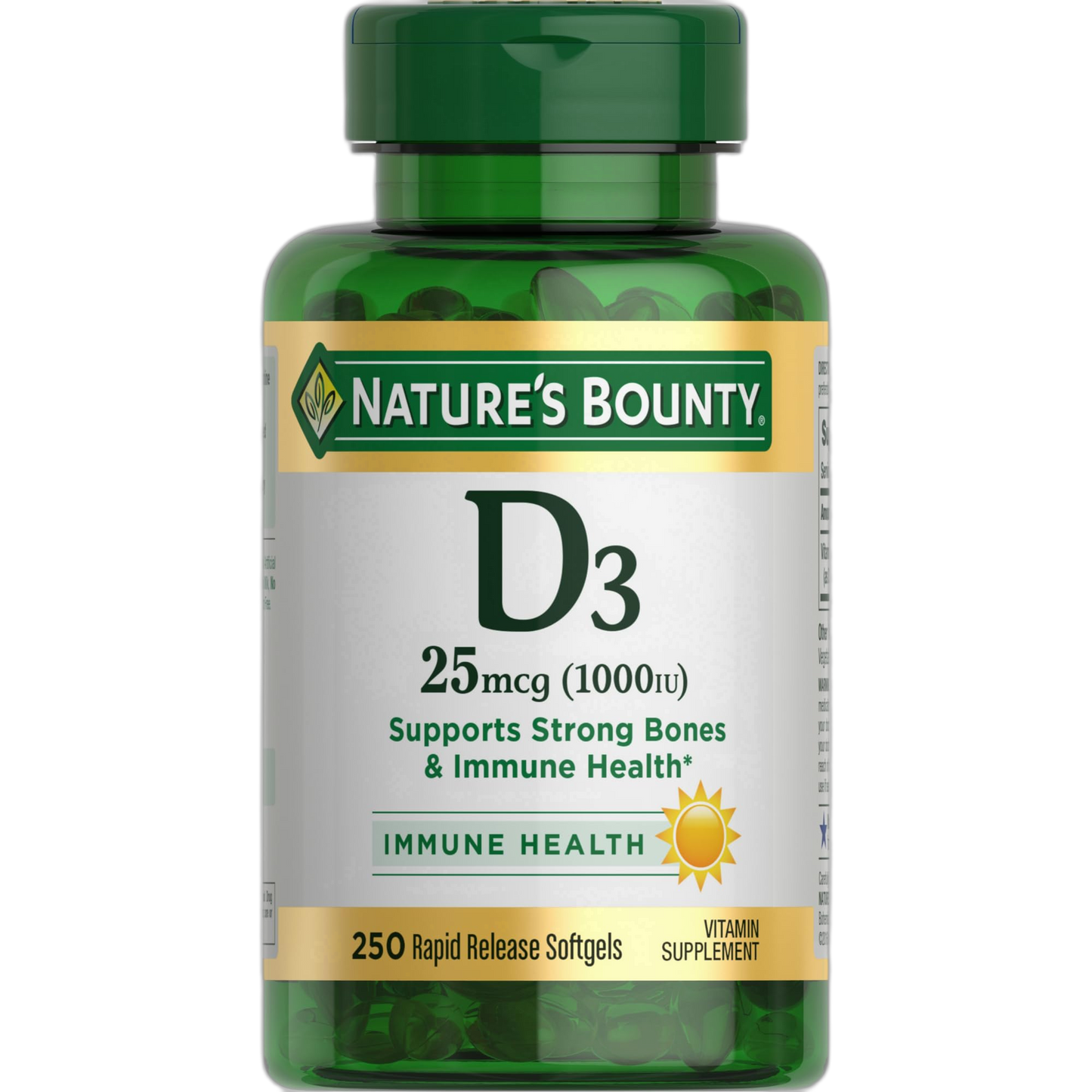 Nature's Bounty Vitamin D3 1000 IU, Immune Support, Helps Maintain Healthy Bones, 250 Rapid Release Softgels