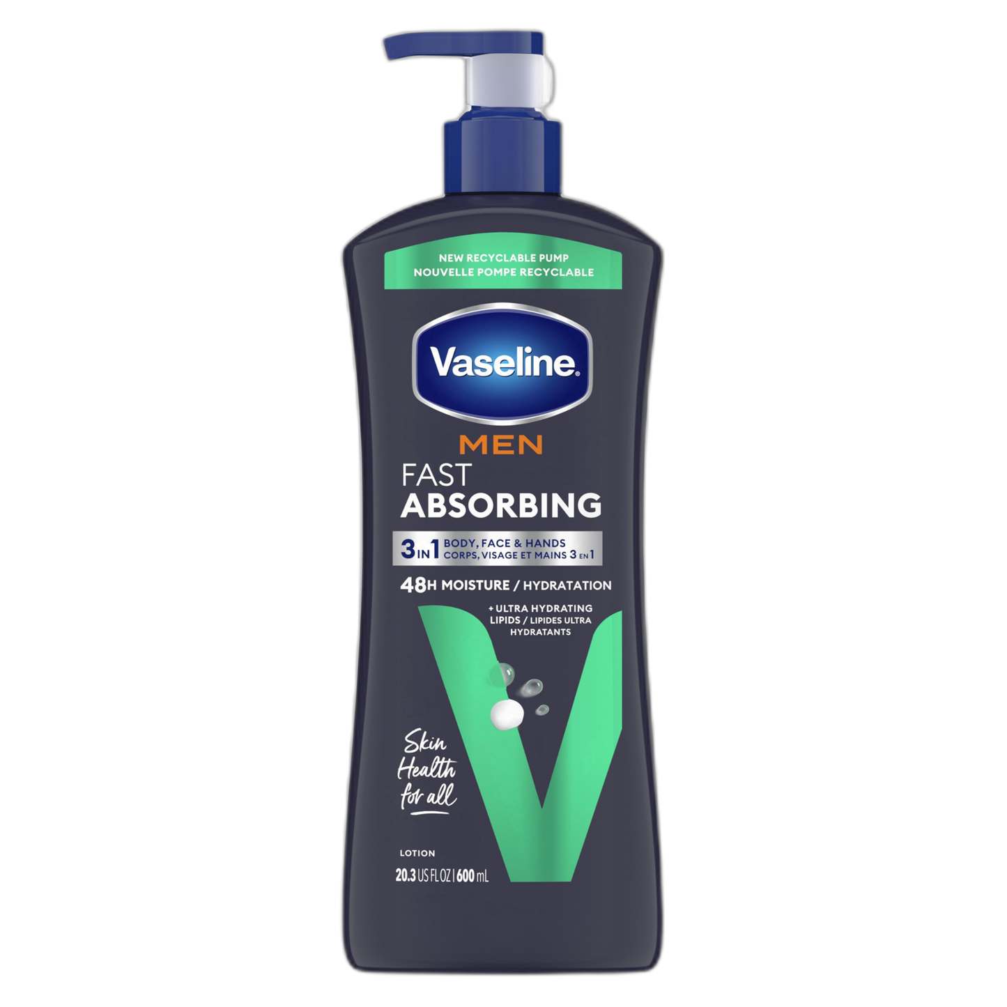 Vaseline Men Fast Absorbing 3-in-1 Face, Hands & Body Lotion for Men, For Dry Skin, Absorbs in Just 15 Seconds for Moisturized Skin 20.3 oz