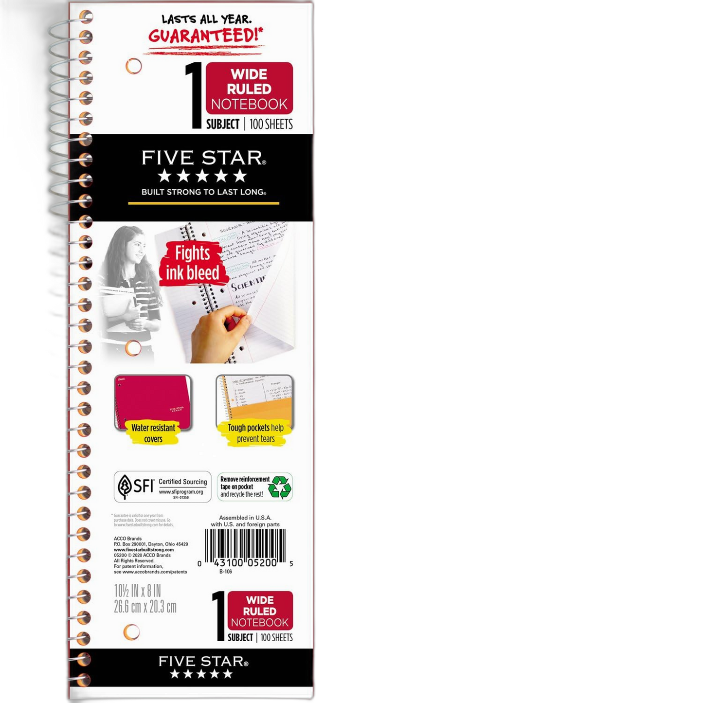Five Star Spiral Notebook, 1 Subject, Wide Ruled Paper, 10-1/2" x 8", 100 Sheets, Assorted Colors, Color Will Vary, Office Product , 1 Count (05200)