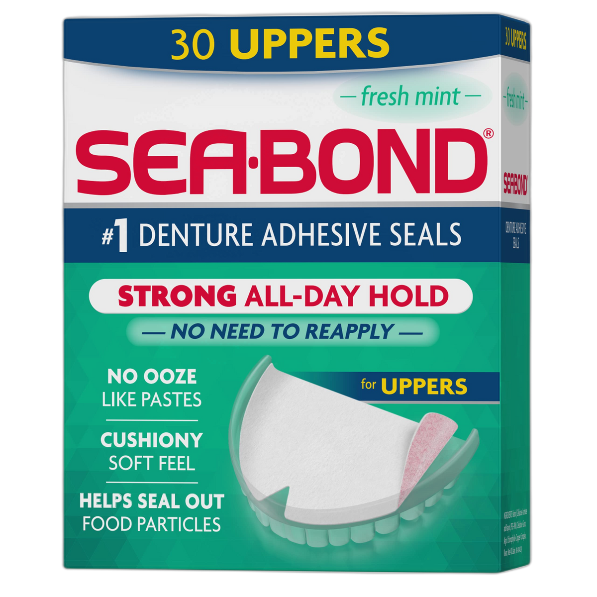 Sea Bond Secure Denture Adhesive Seals, Fresh Mint Uppers, Zinc-Free, All-Day-Hold, Mess-Free, 30 Count (Pack of 1)