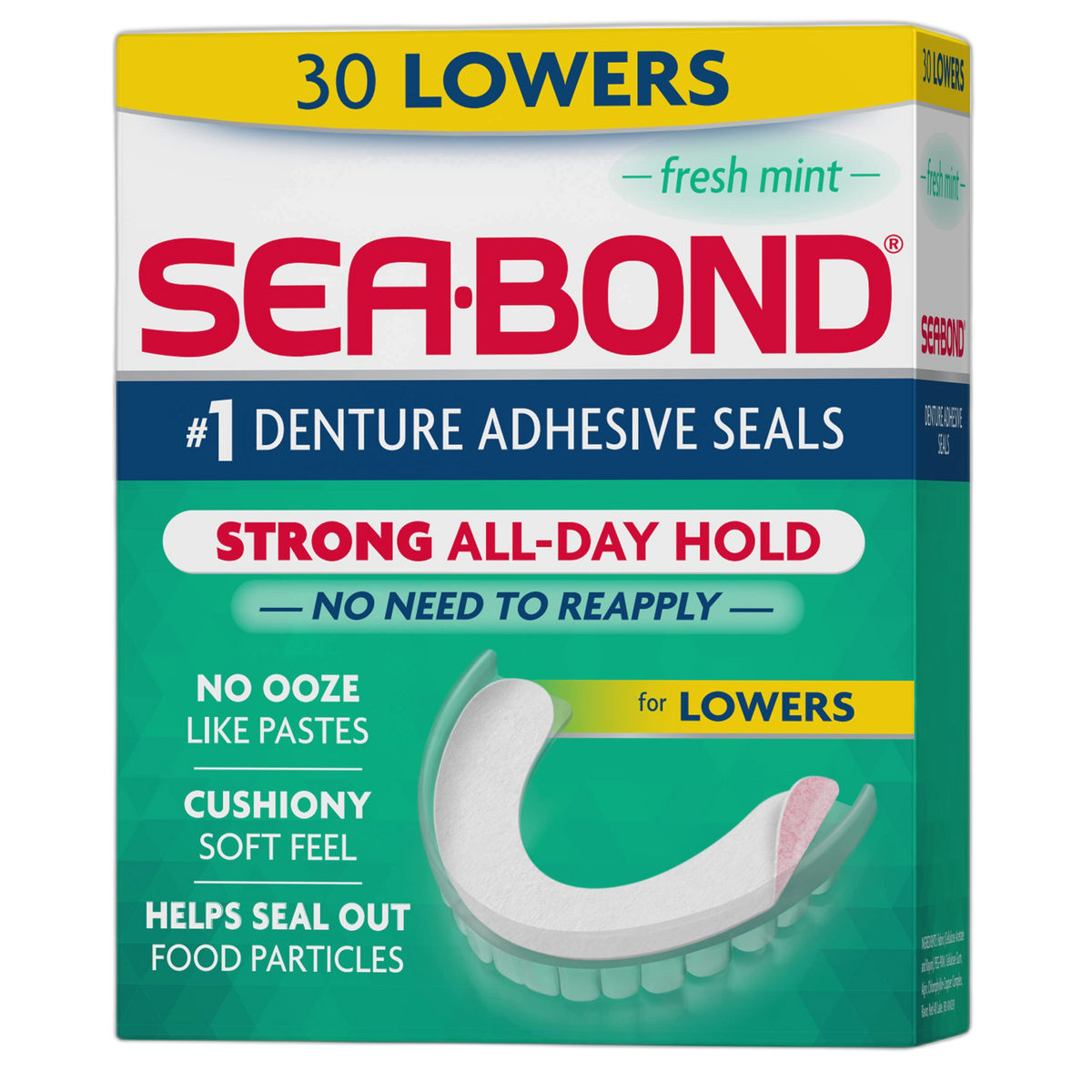 Sea Bond Secure Denture Adhesive Seals, Fresh Mint Lowers, Zinc-Free, All-Day-Hold, Mess-Free, 30 Count (Pack of 1)