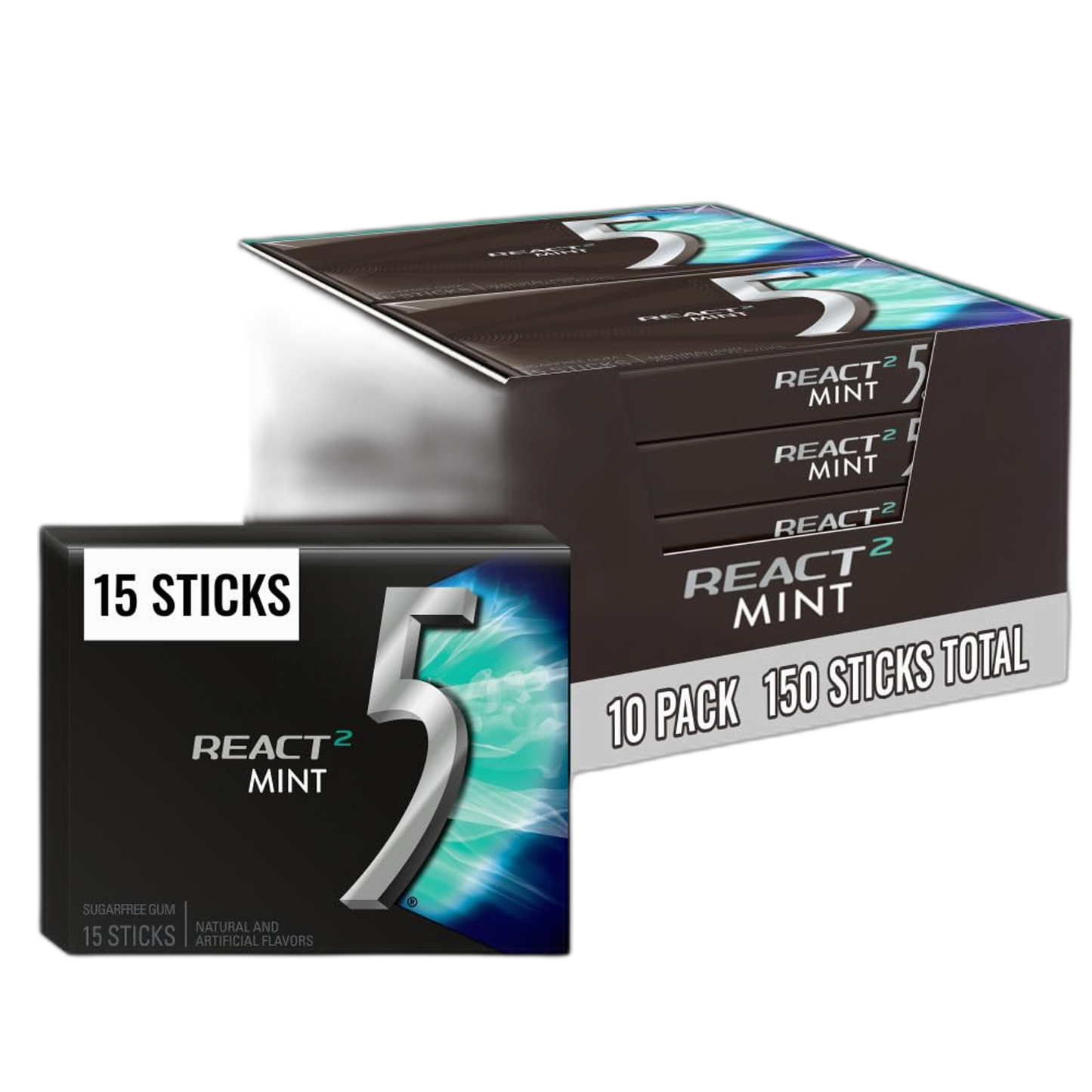 5 GUM React Mint Gum Sugar Free Chewing Gum Bulk, 15 Stick (10 Pack)