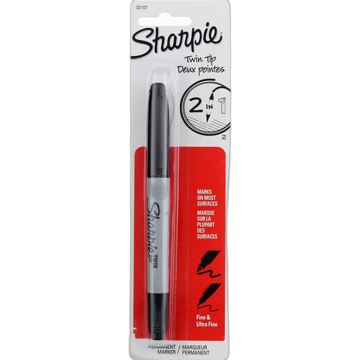 Sharpie Twin-Tip Permanent Marker, Fine/Ultra Fine Point, Black Ink, Pack of 6