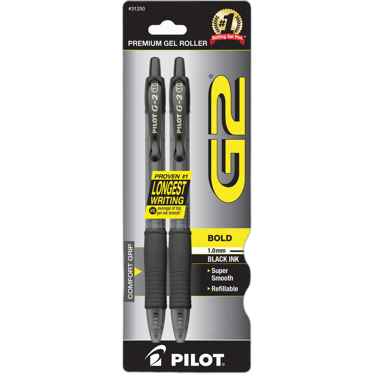 Pilot G2 Premium Gel Pens, Black Pens, Bold Point 1 mm, 2 Black
