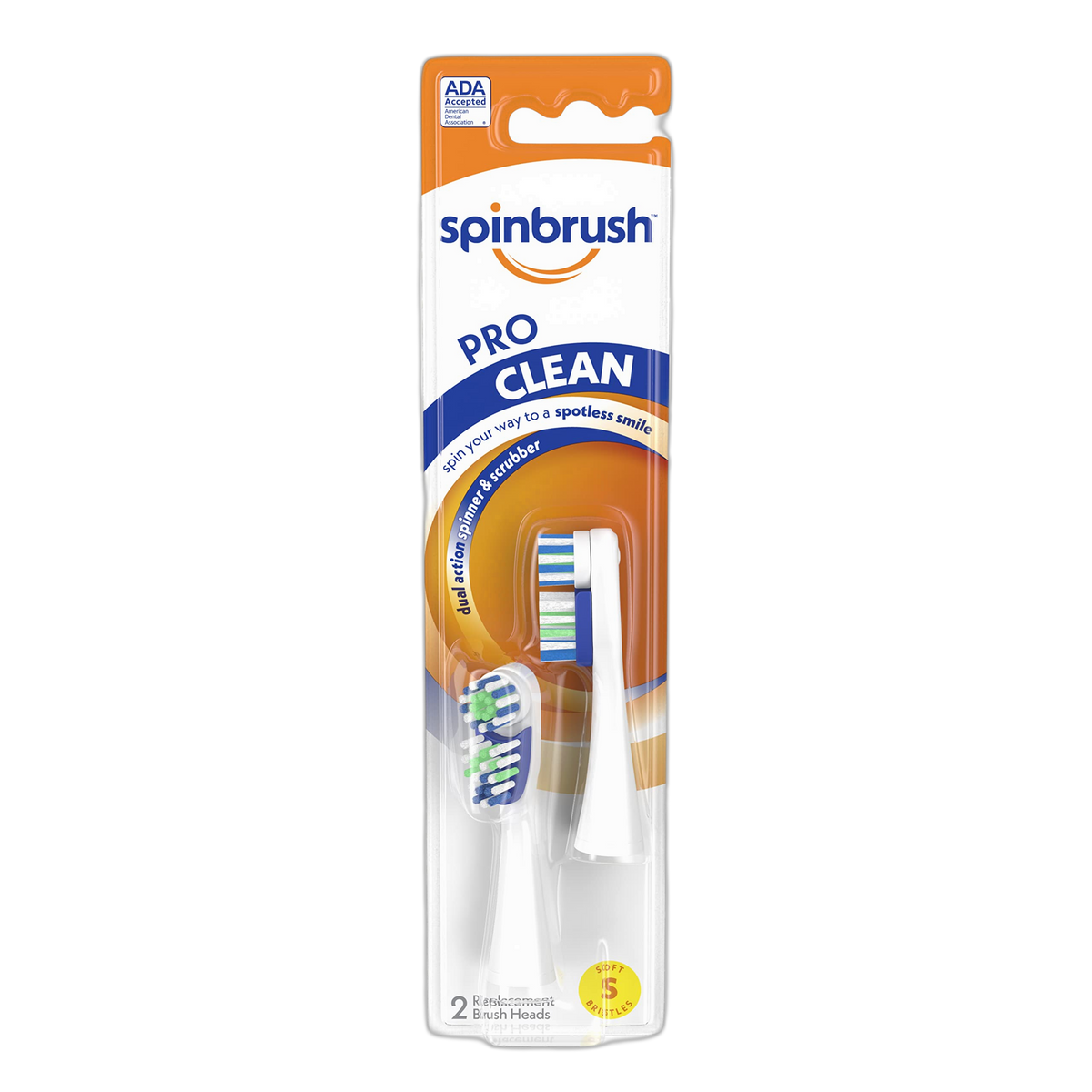 Spinbrush Pro Clean Replacement Heads, Soft Bristles, For Battery Toothbrush, 2-Pack