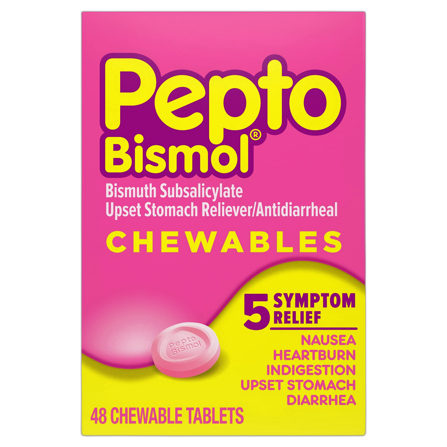 Pepto Bismol Chewable Tablets for Nausea, Heartburn, Indigestion, Upset Stomach, and Diarrhea - 5 Symptom Fast Relief, Original Flavor, 48 ct