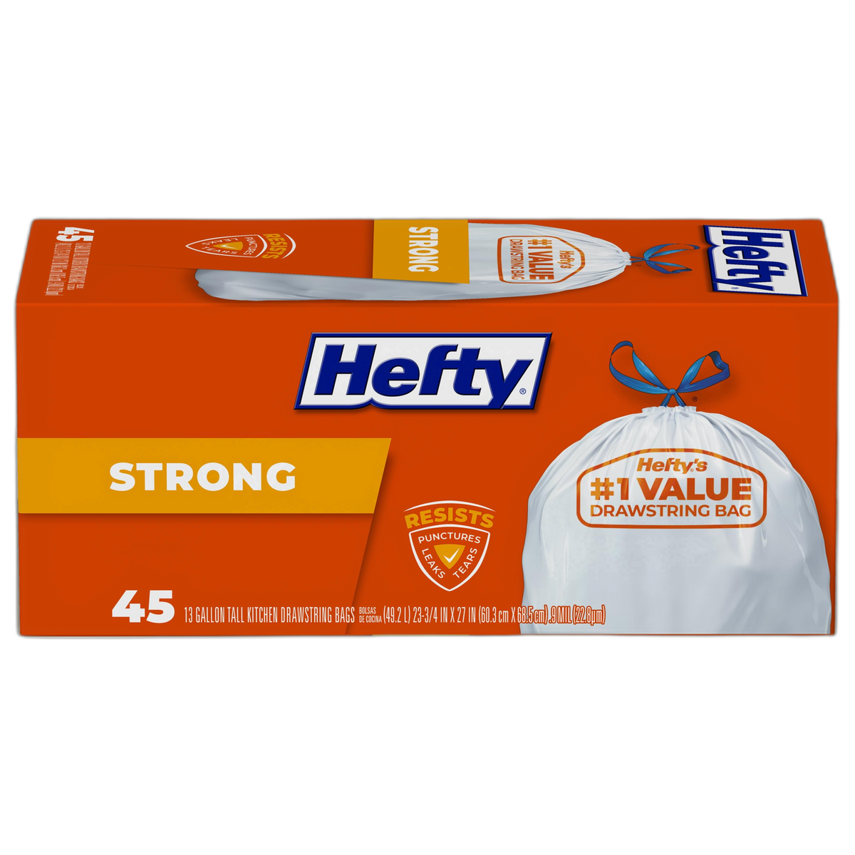 Hefty Strong Tall Kitchen Trash Bags, Unscented, 13 Gallon, 45 Count