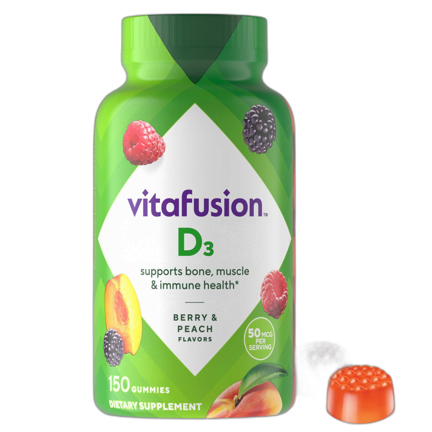 vitafusion Vitamin D3 Gummies, Bone and Immune Support, Peach, Blackberry, Strawberry Flavored, 50 mcg D3 Gummy Vitamin Supplement, 75 Day Supply, 150 Count