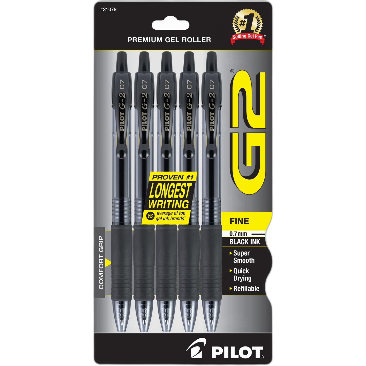 Pilot G2 Premium Gel Roller Pens 0.7, Fine Point Smooth Writing Pens Black, Pack of 5