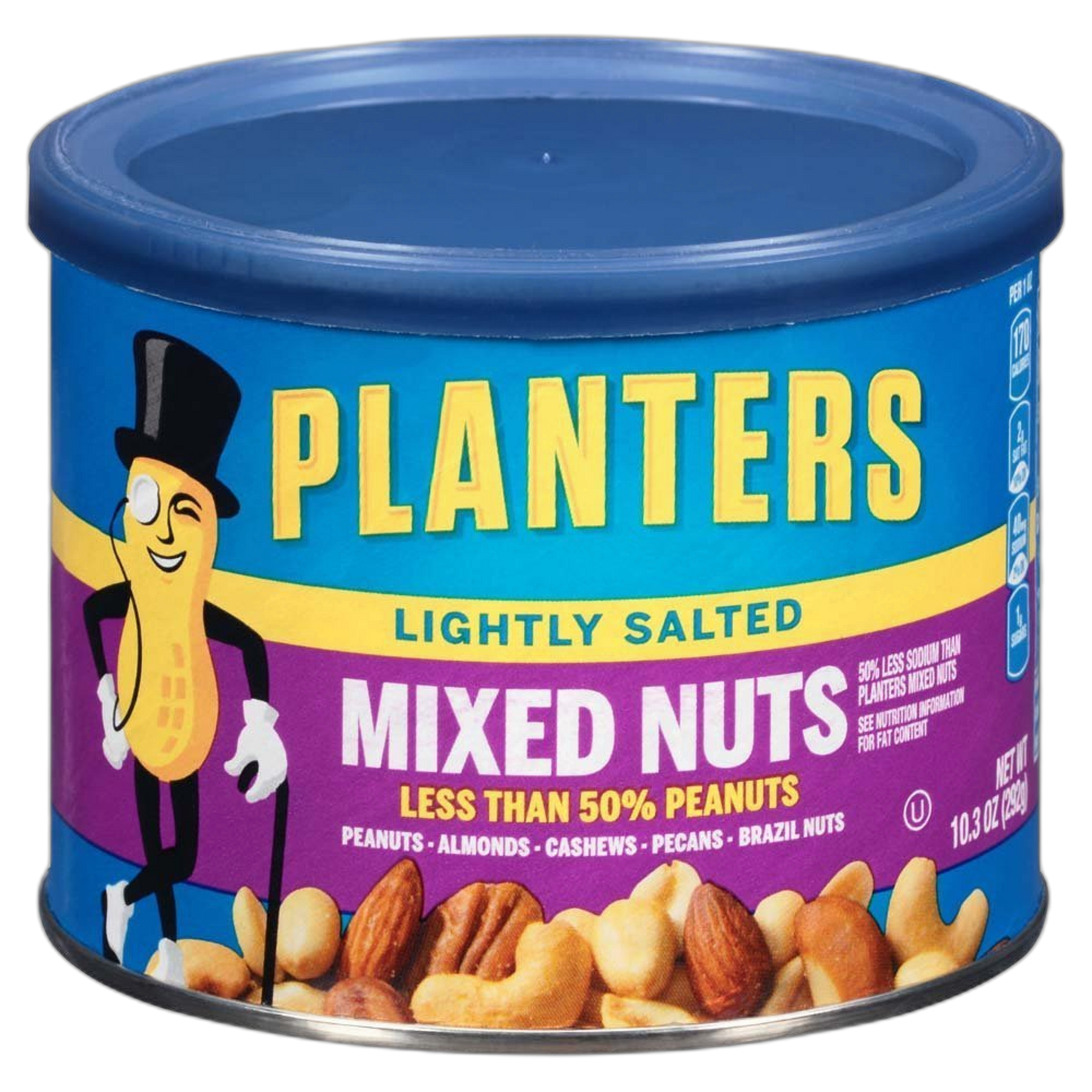 Planters Lightly Salted Mixed Nuts (10.3 oz Canister, Pack of 4) - Variety Mixed Nuts with Less Than 50% Peanuts with Peanuts, Almonds, Cashews, Hazelnuts & Pecans