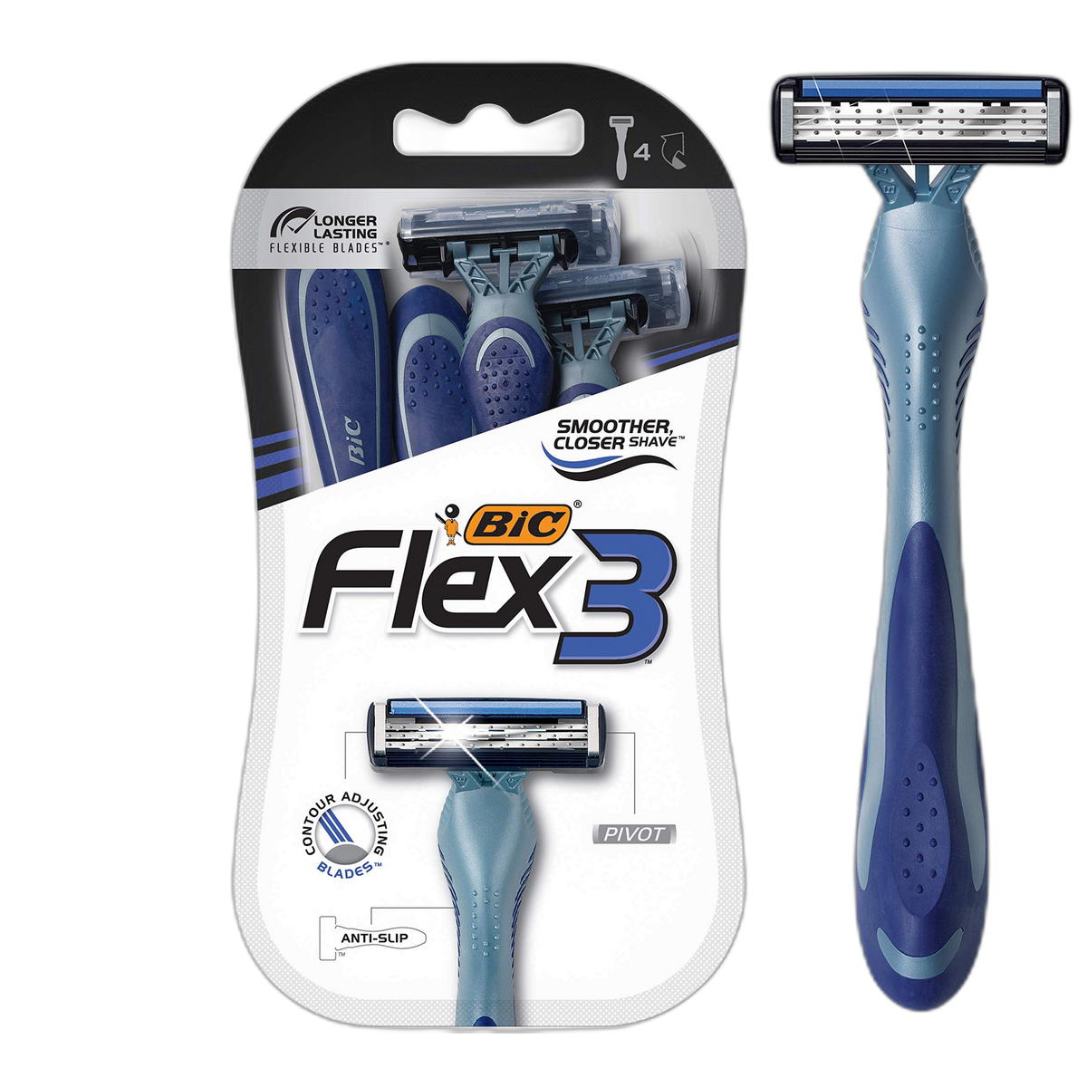 BIC Flex 3 Men’s Disposable Razors With 3 Blades, For a Smooth and Comfortable Shave, 4 Piece Razor Kit for Men