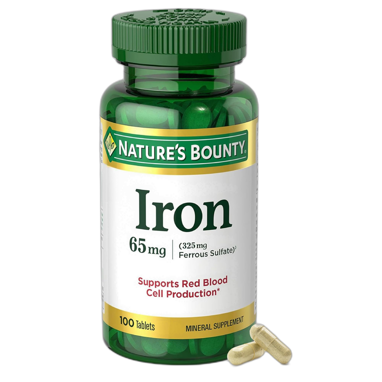 Nature's Bounty Iron 65mg, 325 mg Ferrous Sulfate, Cellular Energy Support, Promotes Normal Red Blood Cell Production, 100 Tablets