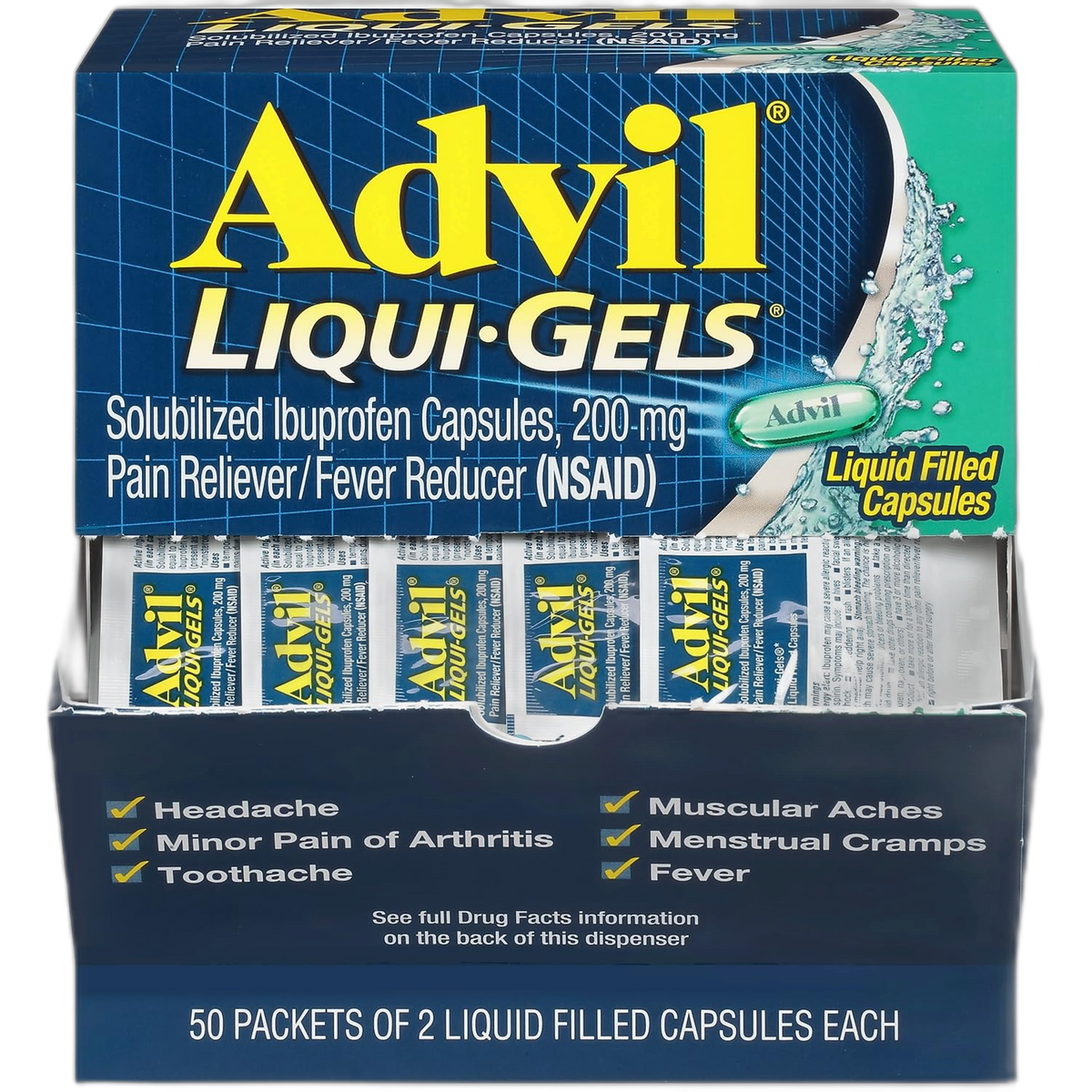 Advil Liqui-Gels Pain Reliever/Fever Reducer, Solubilized Ibuprofen 200mg, 2/Packet, 50 Packets/Box (016902)