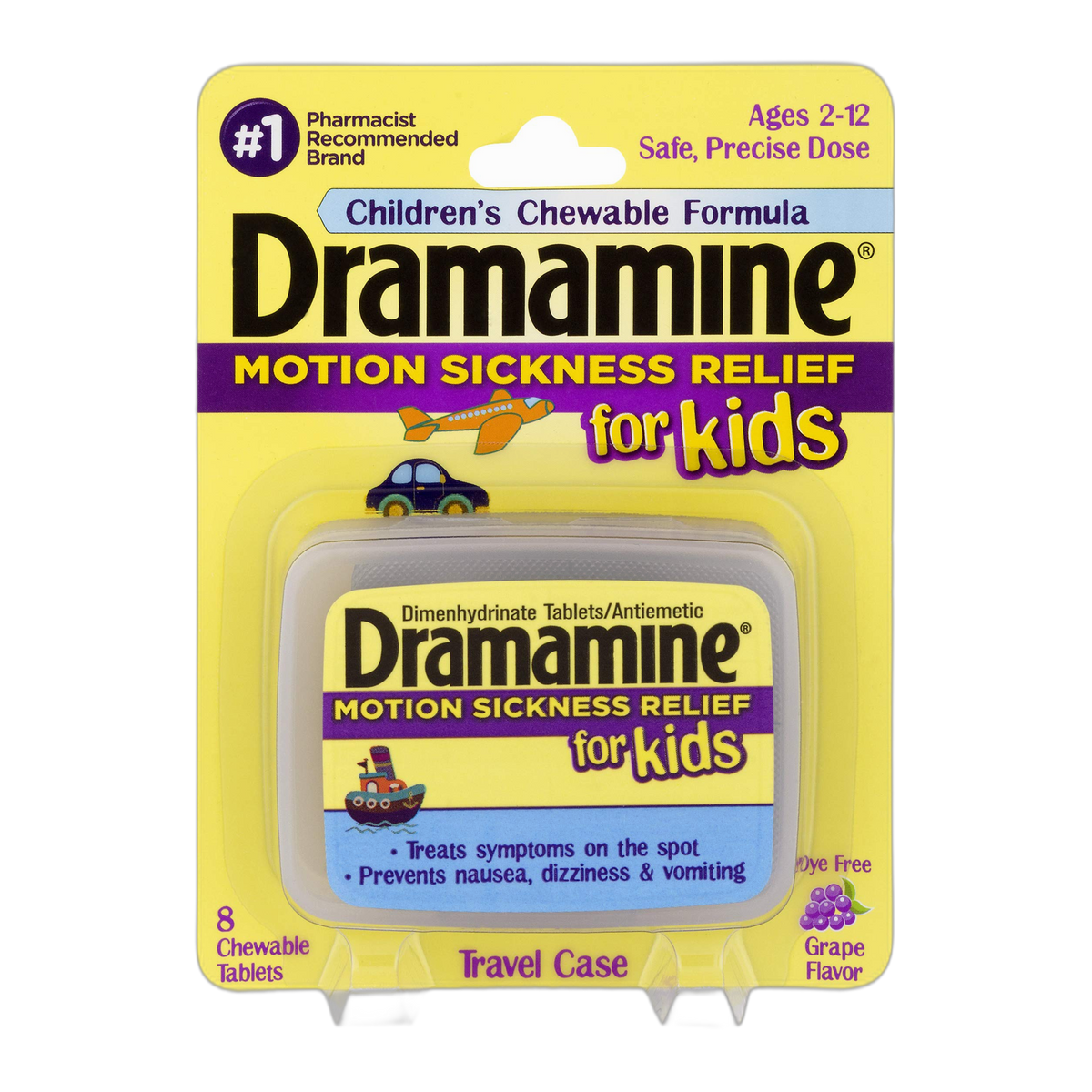 Dramamine Motion Sickness Relief for Kids | Chewable, Grape, 8 Count (Pack of 2), 16 Count