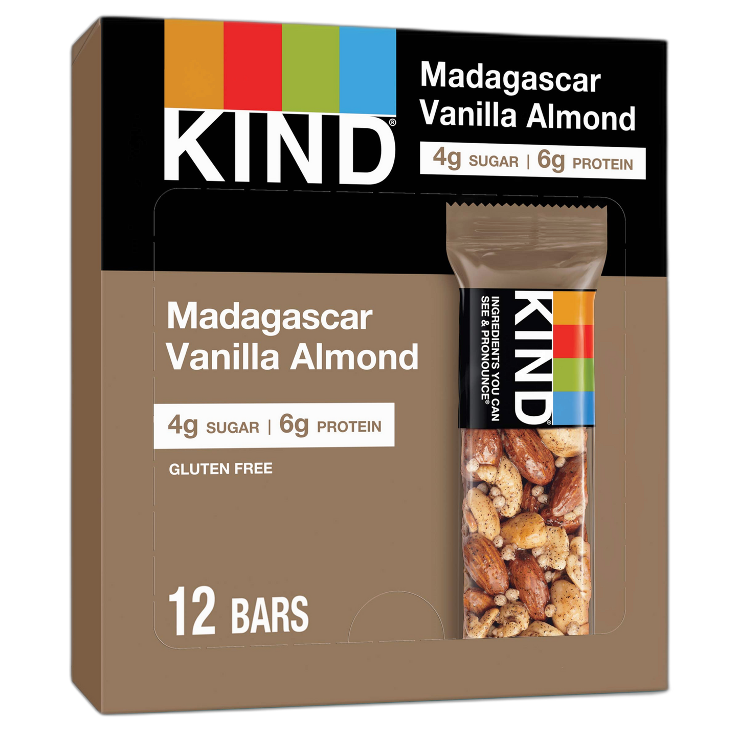 KIND Nut Bars, Madagascar Vanilla Almond, Healthy Snacks, Gluten Free, Low Sugar, 6g Protein, 12 Count