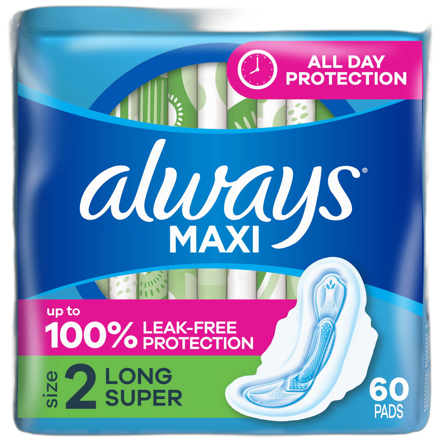 Always Maxi Feminine Pads For Women, Size 2 Long Super Absorbency, With Wings, Unscented, 60 Count
