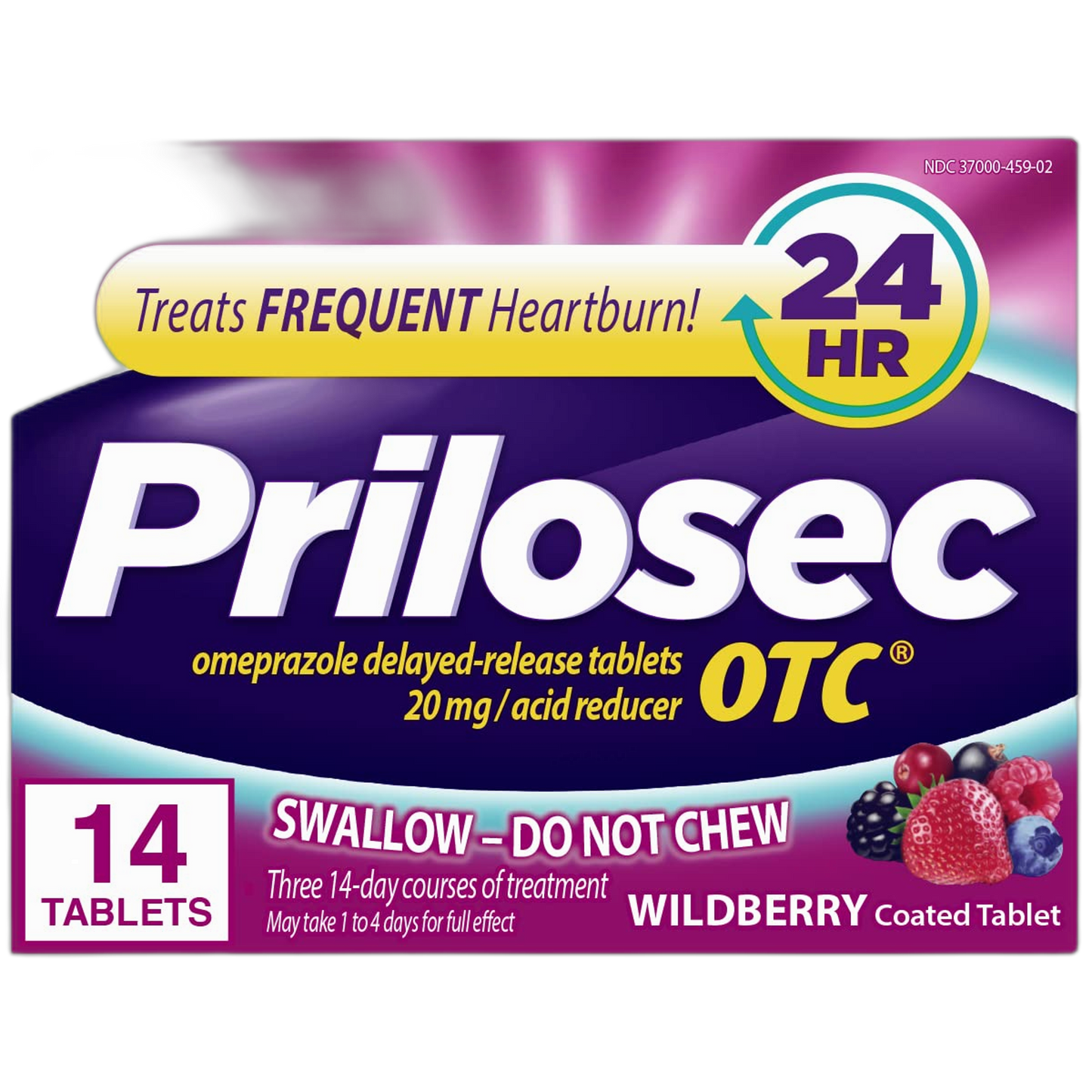Prilosec OTC Frequent Heartburn Relief Medicine and Acid Reducer Wildberry Flavor 14 Tablets Omeprazole Delayed-Release Tablets 20mg - Proton Pump (OLD)