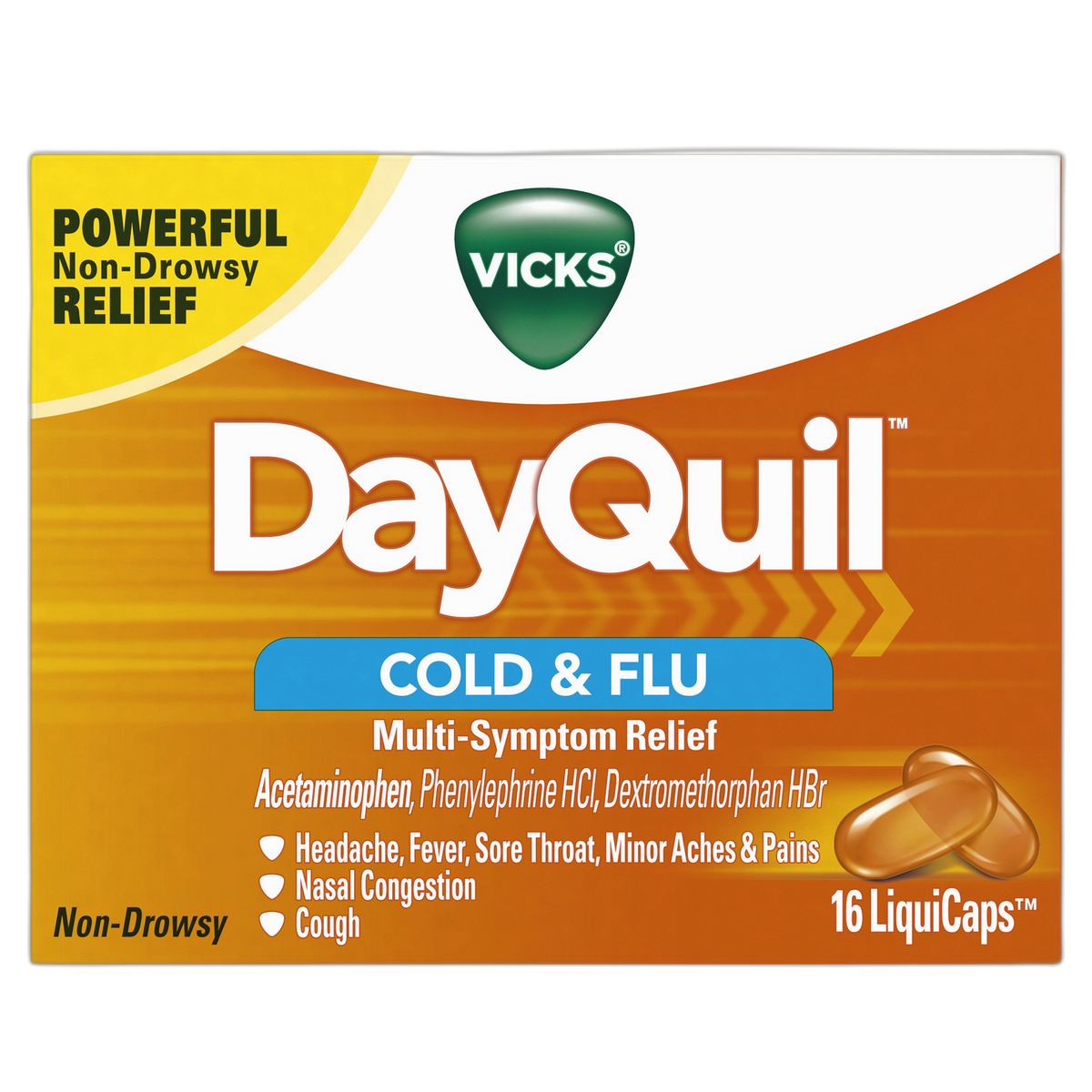 Vicks Dayquil Cold & Flu Multi-Symptom Relief 16 Liquicaps, 16 Count (Pack of 24)