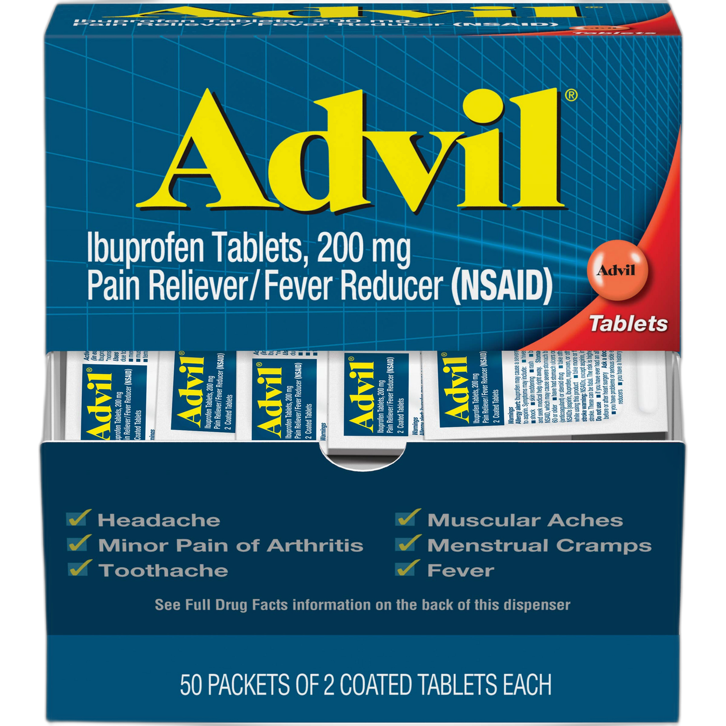 Advil Ibuprofen, 200mg, 50 Packets of 2 Coated Tablets (Pack of 2)
