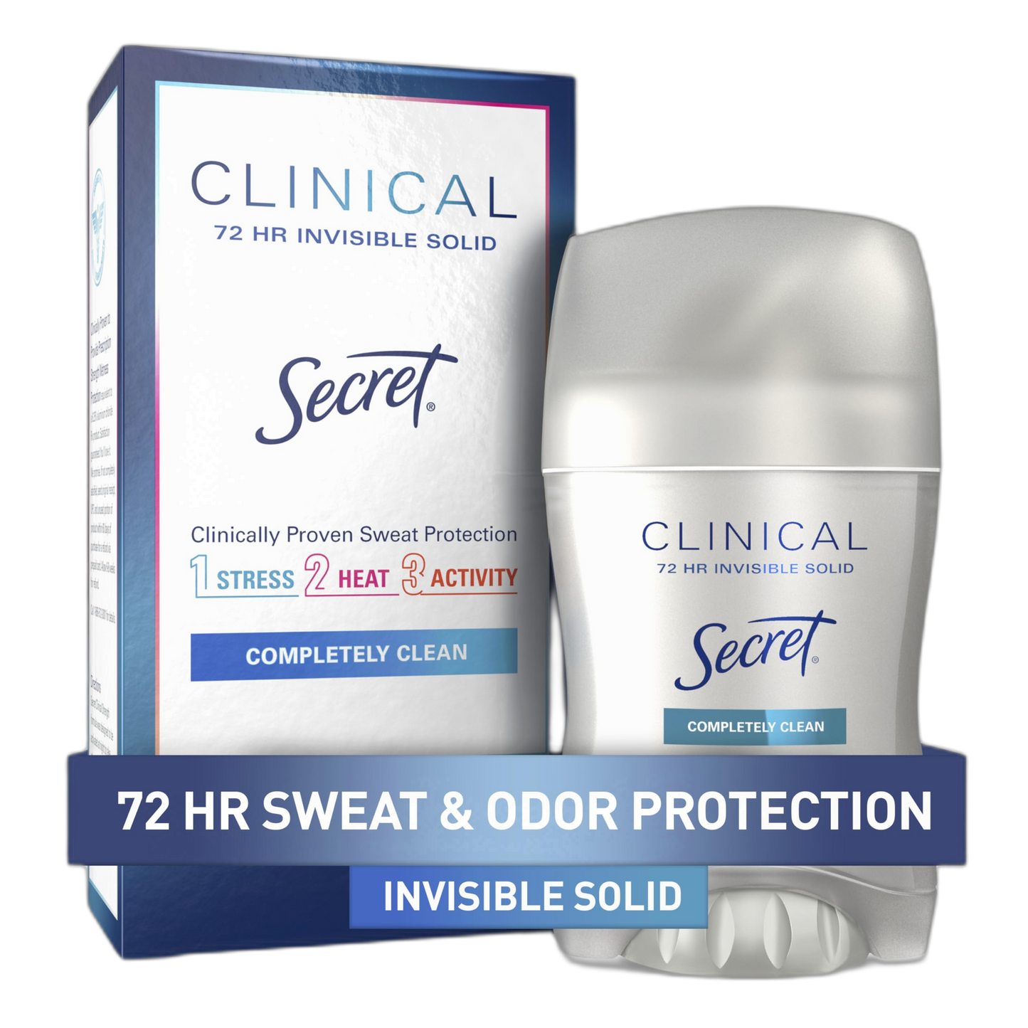 Secret Clinical Strength Antiperspirant Deodorant for Women, 3X Stress Protection, 72hr Sweat & Odor Protection, PH Balancing Minerals, Invisible Solid, Completely Clean Scent, 1.6 oz