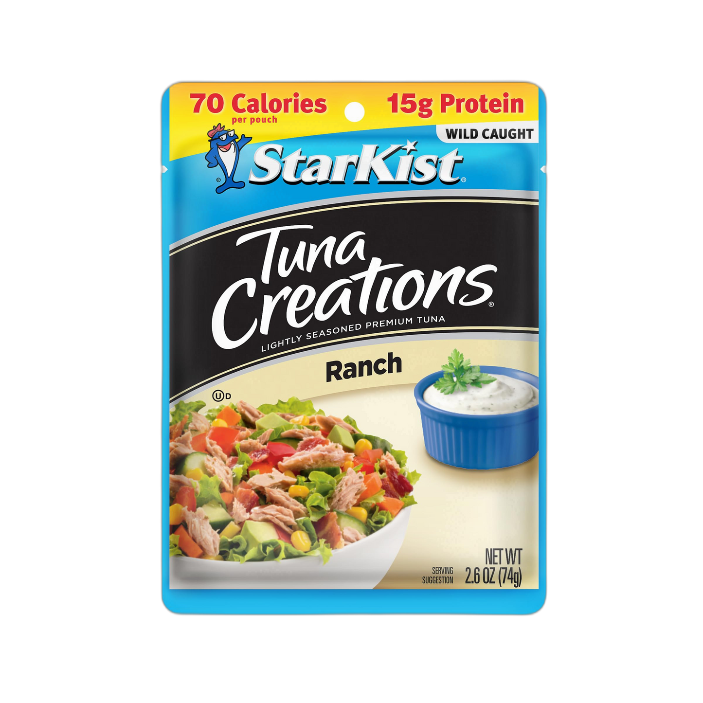 StarKist Tuna Creations Ranch, 2.6 oz Pouch (1 Pack) Ready to Eat Wild Caught Tuna, 15g Protein, 70 Calories Per Serving, Gluten Free, Soy Free, Kosher, Perfect for Salads, Keto Meals and Snacks