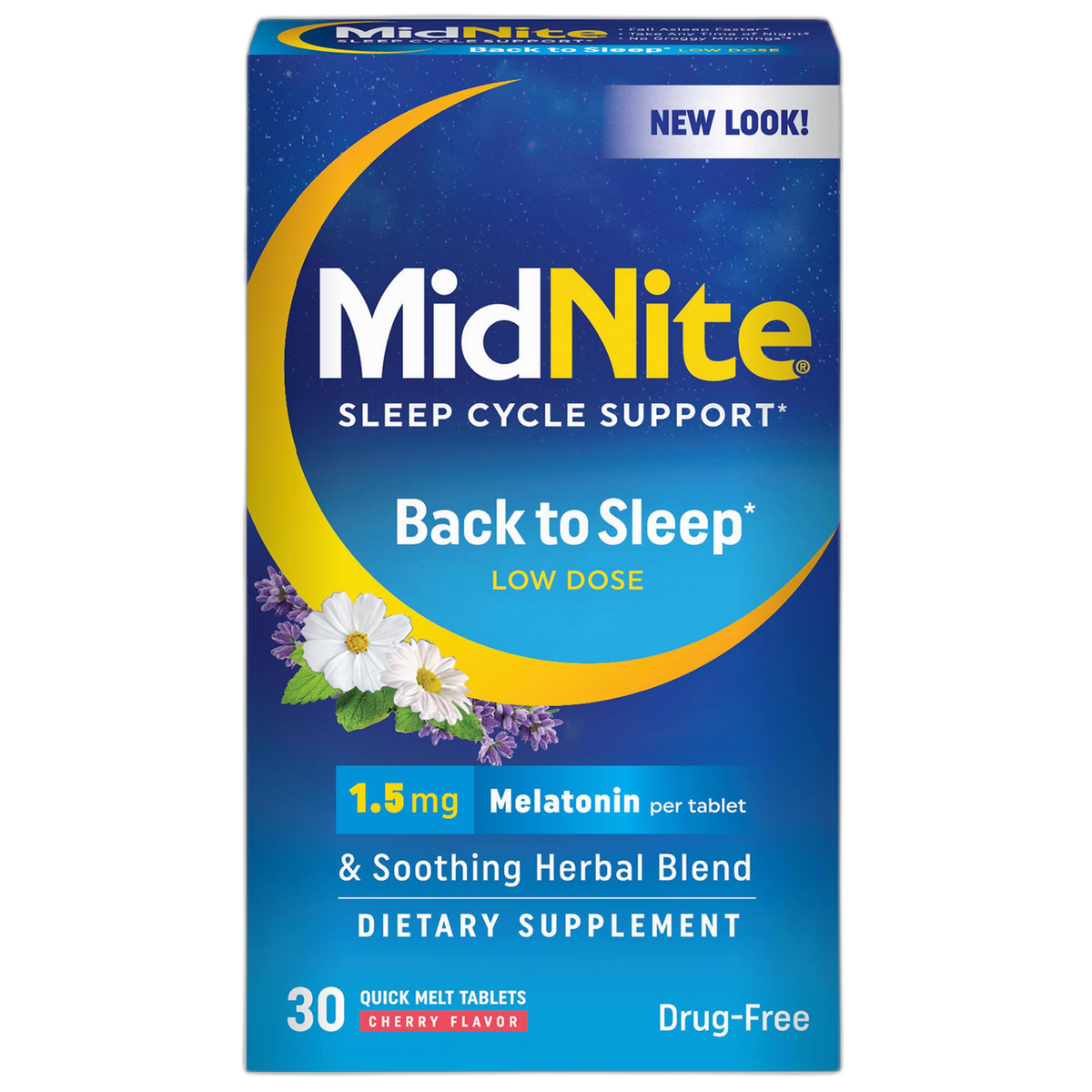 MidNite Back to Sleep Low Dose, 1.5 mg Melatonin Sleep Aid, Non-Habit Forming, Herbal Dietary Supplement for Adults, Drug-Free, Gluten-Free, Lactose-Free, Vegetarian, Vegan, 30 Quick Melt Tablets