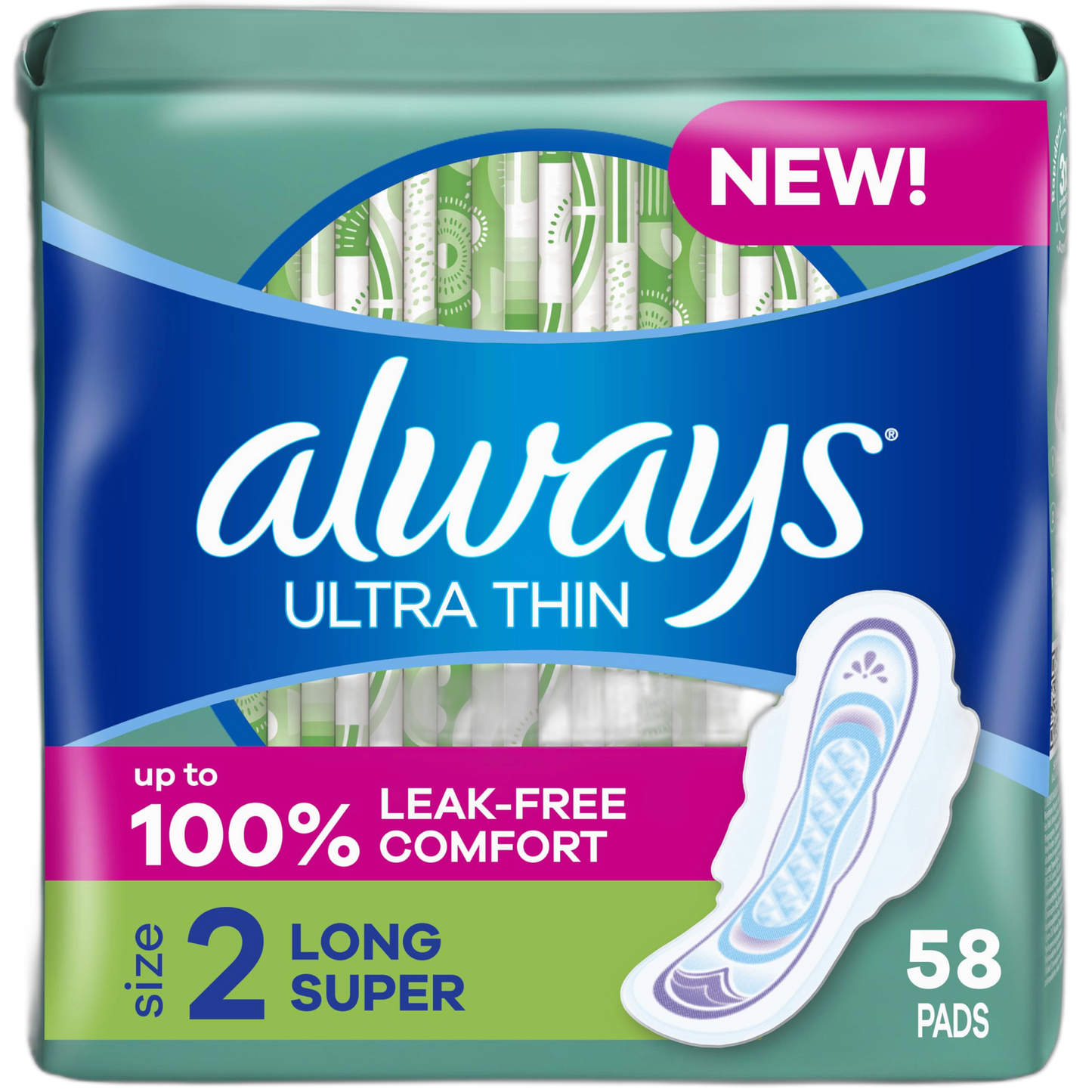 Always Ultra Thin Feminine Pads For Women, Size 2 Long Super Absorbency, With Wings, Unscented, 58 Count