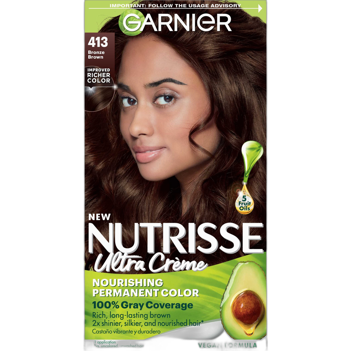 Garnier Hair Color Nutrisse Nourishing Creme, 413 Bronze Brown (Bronze Sugar) Permanent Hair Dye, 1 Count (Packaging May Vary)