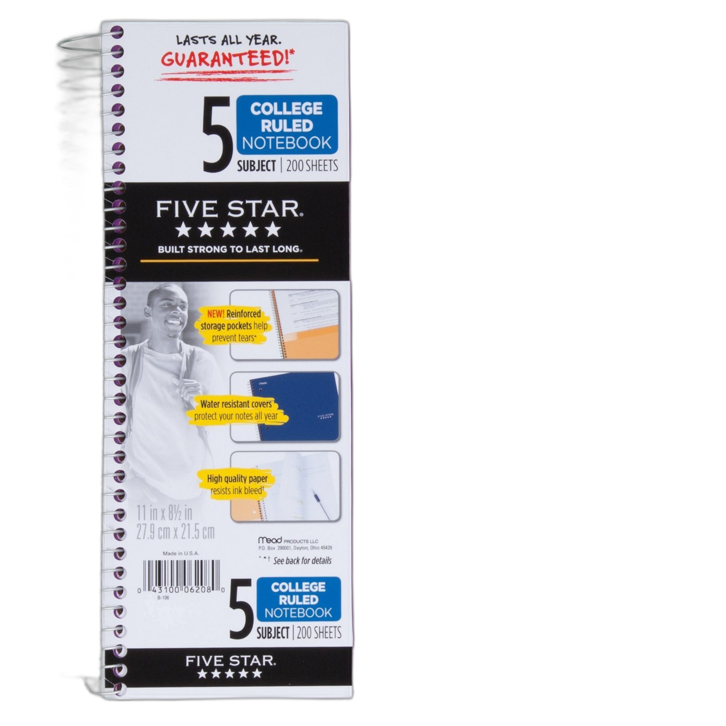 Mead Five Star Spiral Notebook, College Ruled, 5 Subject, 8.5 x 11 Inches, 200 Sheets, Assorted Colors (06208), 3 Pack