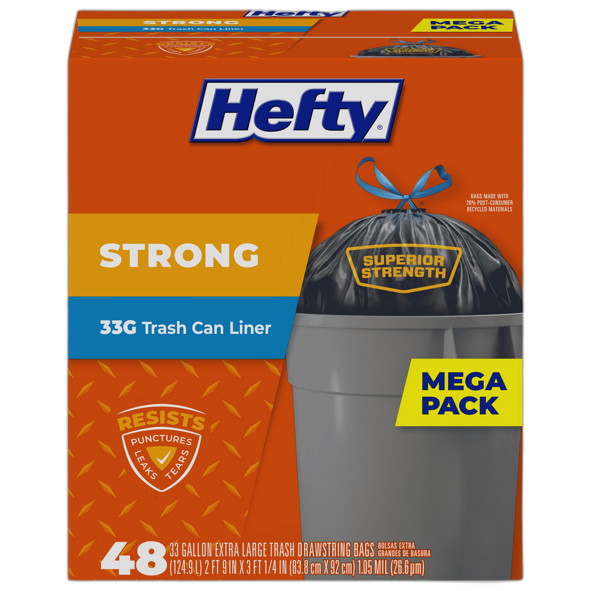Hefty Strong Extra Large Trash Bags, Black, 33 Gallon, 48 Count