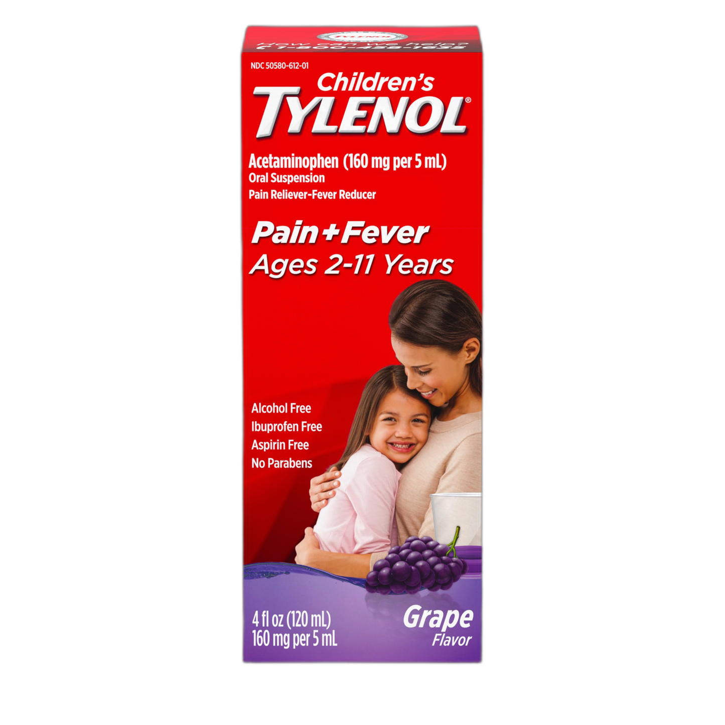 Children's Tylenol Liquid Oral Suspension Medicine, Acetaminophen Pain Reliever & Fever Reducer for Cold + Flu Symptoms & Sore Throat, Aspirin-, Ibuprofen- & Alcohol- Free, Grape, 4 fl. oz