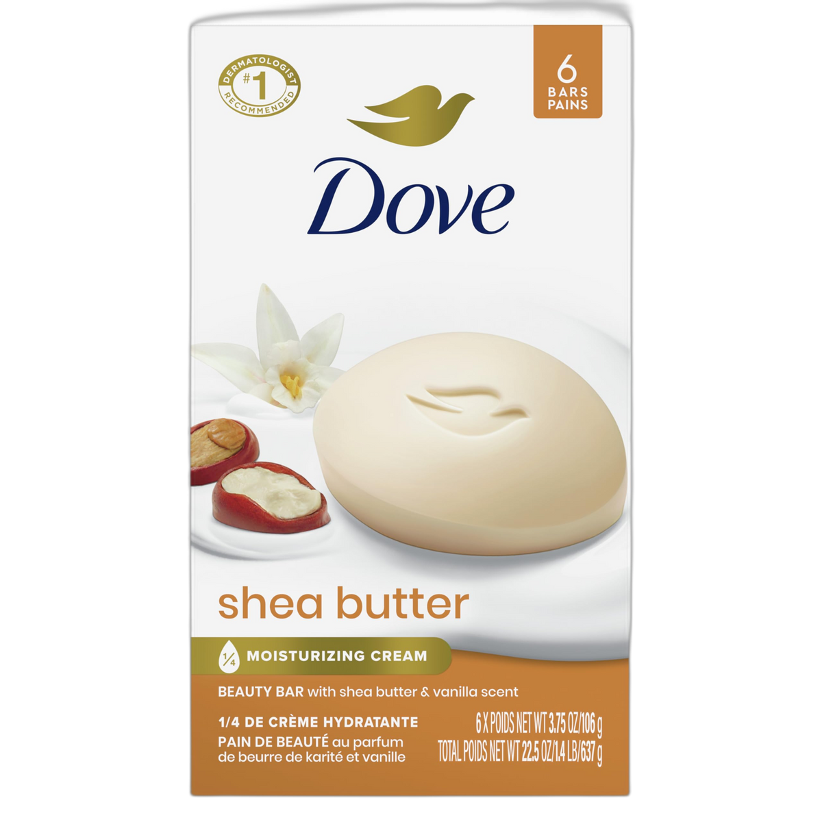 Dove Beauty Bar Soap Shea Butter, 6 Bars for Nourished, Radiant Skin, Enriches Skin 3.75 oz