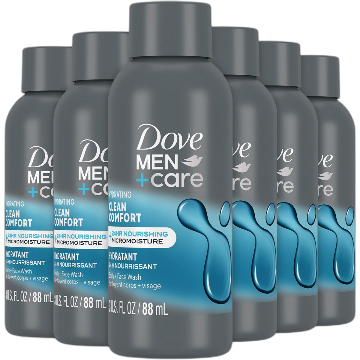 Dove Men+ Care Body + Face Wash, Clean Comfort 6-Pack – Hydrating Shower Gel Formula for Healthy, Smooth Skin, 3 Oz Ea