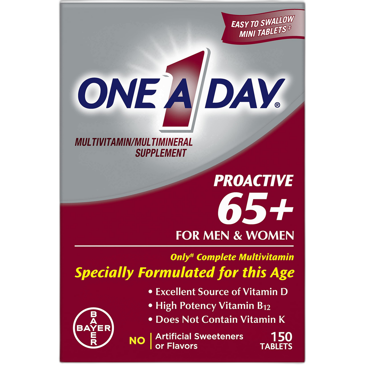 One A Day Proactive 65+, Mens & Womens Multivitamin, Supplement with Vitamin A, C, D, and Zinc to Support Bone Health & Cell Health, Calcium, Folic Acid, Tablet 150 Count