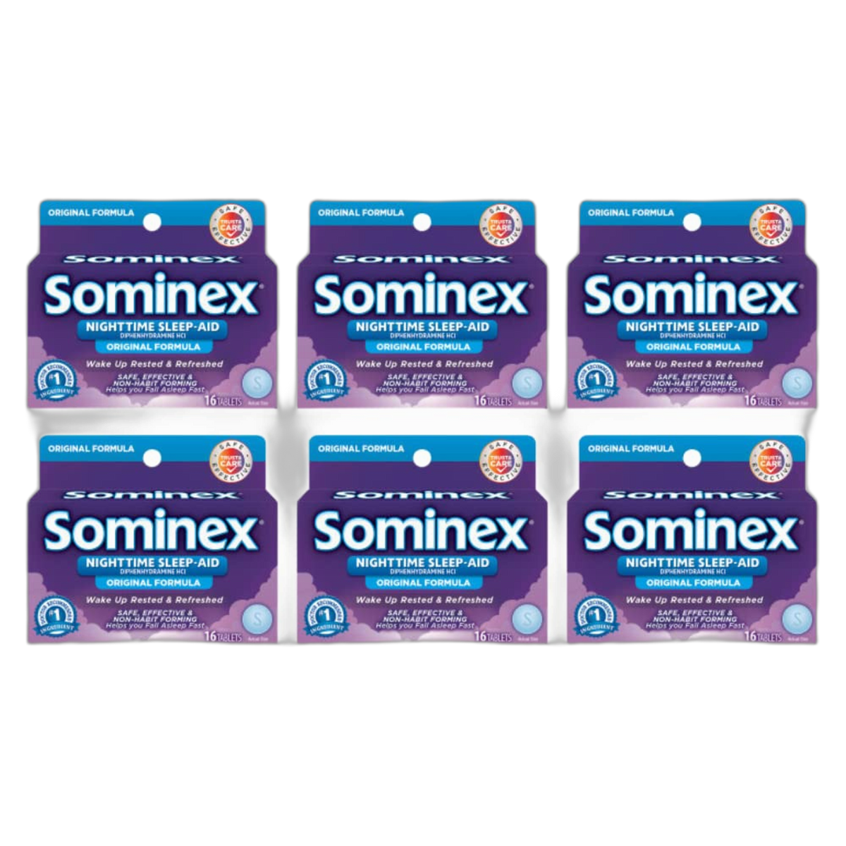 Sominex Nighttime Sleep-Aid with Diphenhydramine HCl 25 mg, Original Formula, 16 Tablets, (Pack of 6)