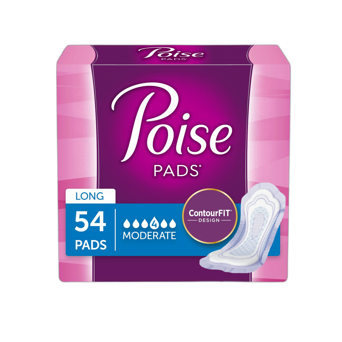 Poise Incontinence Pads, Moderate Absorbency, Long, 54 Count